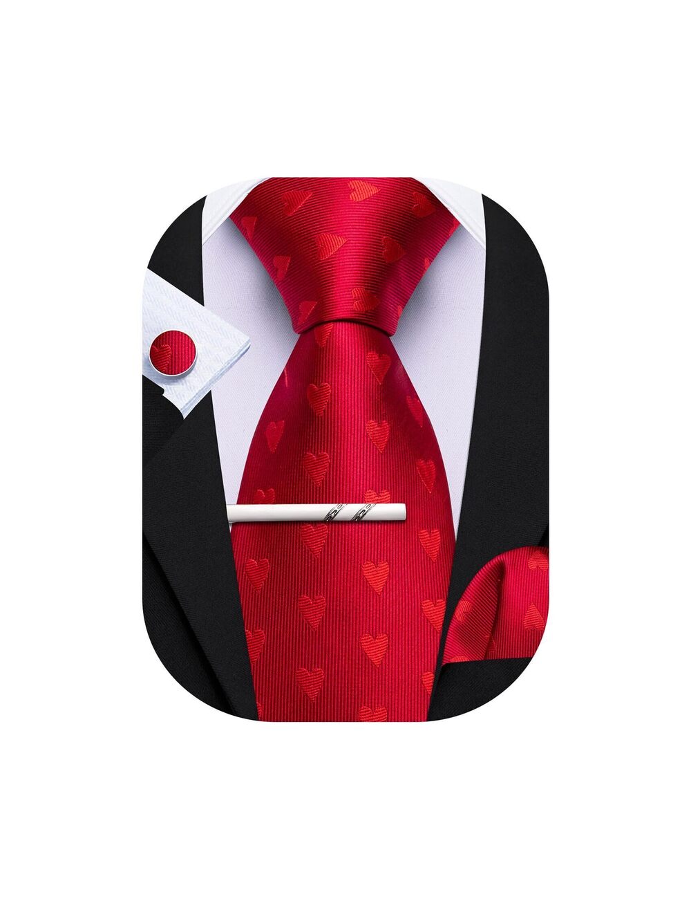 2673 Valentines Tie Red Heart Necktie with Tie Clip Silk Pocket Square
